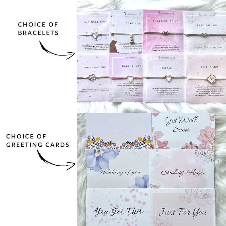 May include: An assortment of bracelets and greeting cards. The bracelets have charms with various designs, including a sun, bear, butterfly, and heart. The greeting cards feature floral designs and phrases like "Get Well Soon" and "Thinking of you."