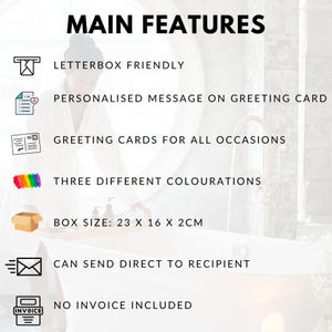 May include: Image highlighting features of greeting cards. Text includes "Letterbox Friendly", "Personalised Message on Greeting Card", "Greeting Cards for All Occasions", "Three Different Colourations", "Box Size: 23 x 16 x 2cm", "Can Send Direct to Recipient", and "No Invoice Included".