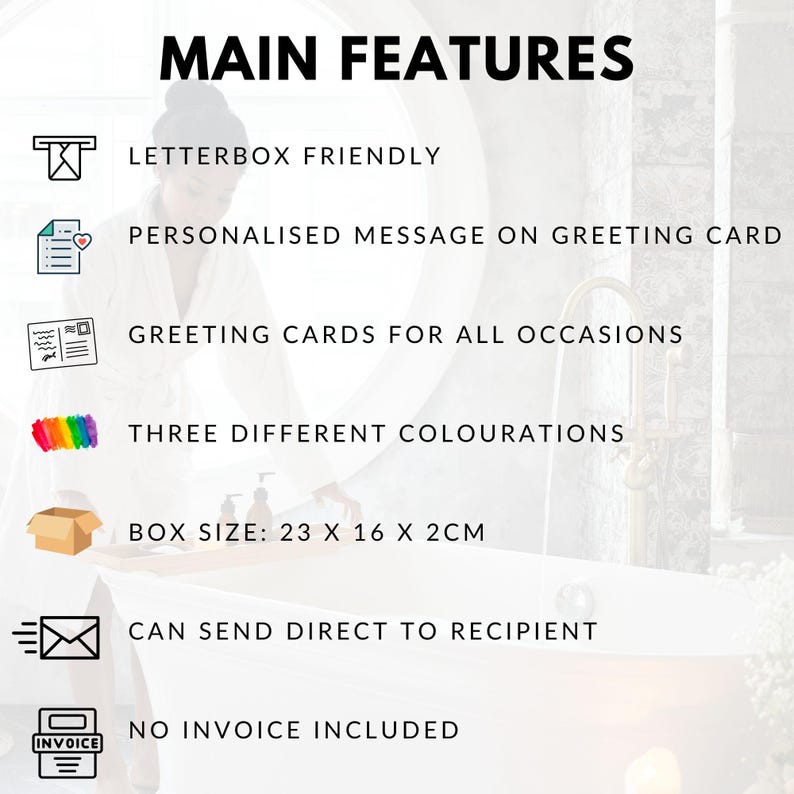 May include: Image highlighting features of greeting cards. Text includes "Letterbox Friendly", "Personalised Message on Greeting Card", "Greeting Cards for All Occasions", "Three Different Colourations", "Box Size: 23 x 16 x 2cm", "Can Send Direct to Recipient", and "No Invoice Included".