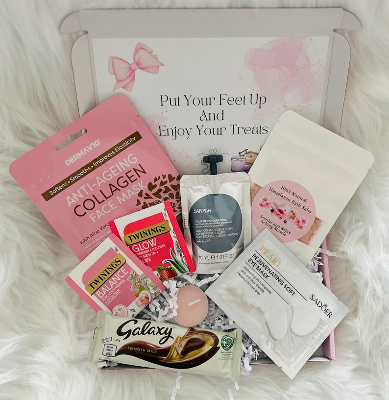 Pamper Gift Box For Her Birthday Relax Pamper Hamper Self Care Package Hug in a Box Pick Me Up Thinking of You Personalised Letterbox Gift PINK - Collagen