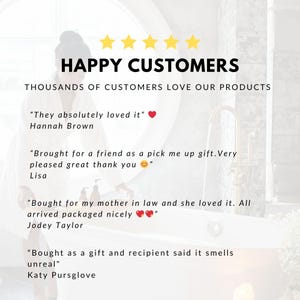 May include: Image with the text "HAPPY CUSTOMERS" and customer testimonials. The testimonials include quotes about loving the products, giving them as gifts, and the packaging. The image has a clean, spa-like aesthetic.