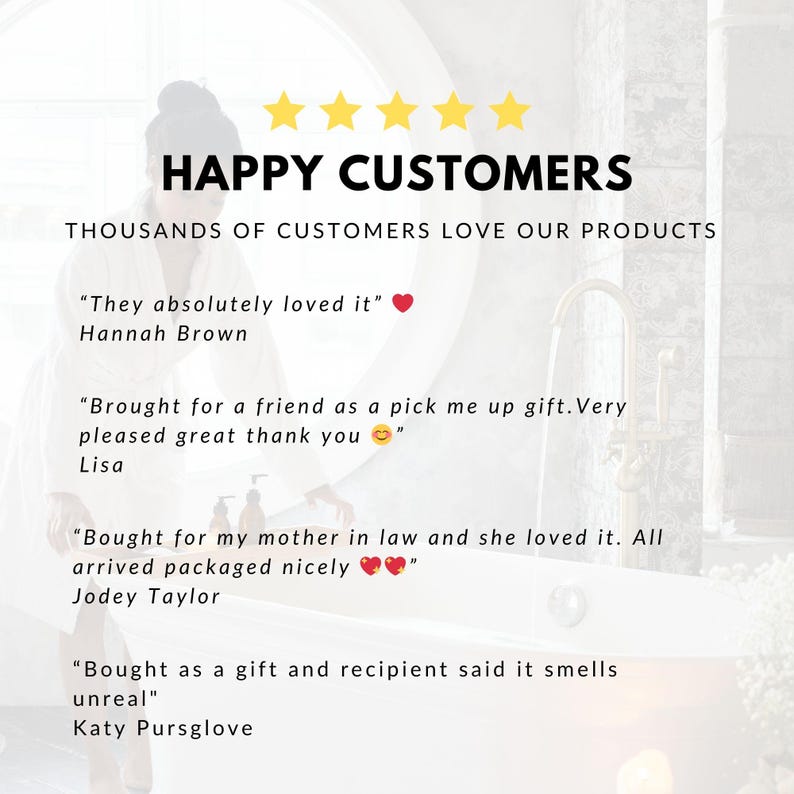 May include: Image with the text "HAPPY CUSTOMERS" and customer testimonials. The testimonials include quotes about loving the products, giving them as gifts, and the packaging. The image has a clean, spa-like aesthetic.