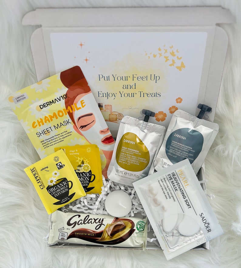 Pamper Gift Box For Her Birthday Relax Pamper Hamper Self Care Package Hug in a Box Pick Me Up Thinking of You Personalised Letterbox Gift Yellow Chamomile