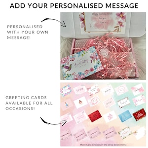 May include: A pink and white gift box with pink and white tissue paper filling. The box includes a greeting card with a hummingbird and flowers. The text on the card reads "Happy Birthday to You". The image also shows a variety of greeting cards with different designs and messages. The text "More Card Choices in the drop down menu" is at the bottom of the image.