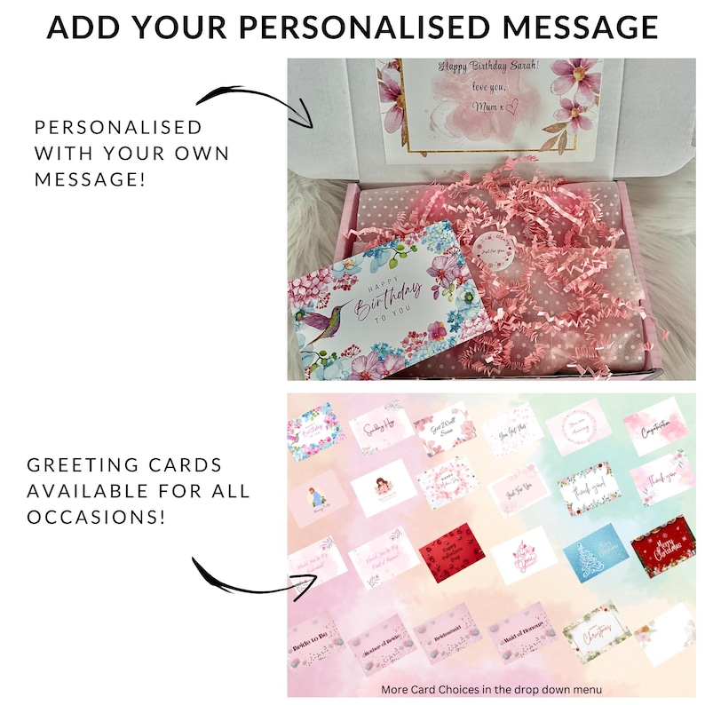 May include: A pink and white gift box with pink and white tissue paper filling. The box includes a greeting card with a hummingbird and flowers. The text on the card reads "Happy Birthday to You". The image also shows a variety of greeting cards with different designs and messages. The text "More Card Choices in the drop down menu" is at the bottom of the image.