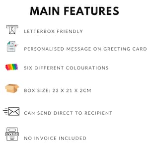 May include: Image with the text "MAIN FEATURES" and bullet points describing product features. Features include letterbox-friendly packaging, personalized greeting card messages, six color options, a box size of 9 x 8.3 x 0.8 inches, direct recipient shipping, and no invoice.