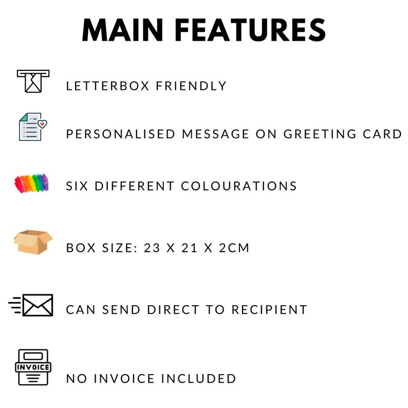 May include: Image with the text "MAIN FEATURES" and bullet points describing product features. Features include letterbox-friendly packaging, personalized greeting card messages, six color options, a box size of 9 x 8.3 x 0.8 inches, direct recipient shipping, and no invoice.
