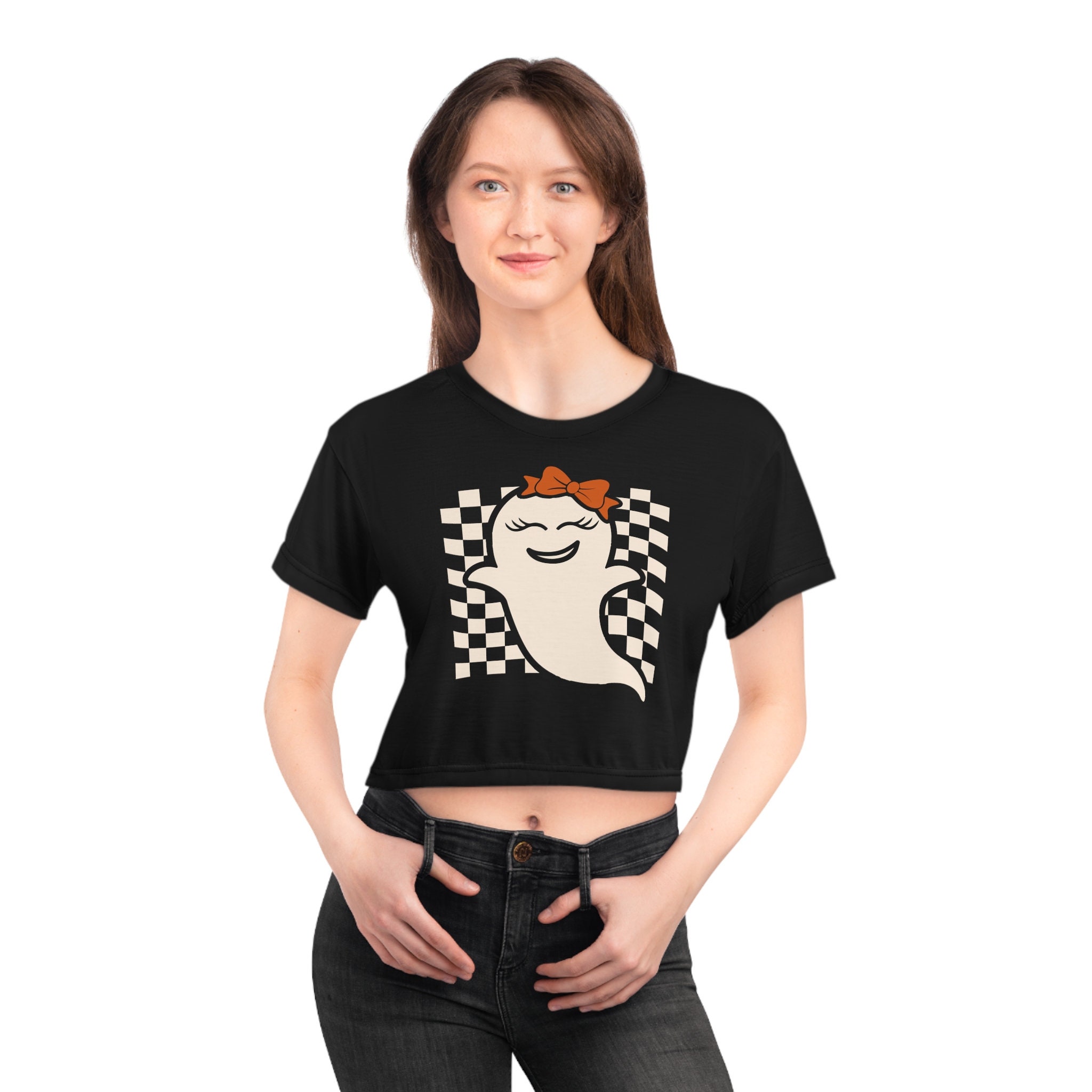 Discover Checkerboard Crop Tee with Cute Ghost