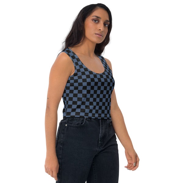 Black and Cello Blue Checkerboard Crop Top, Trendy Sleeveless Checkerboard Crop Top, Fitted Women's Shirt, Fashionable Top