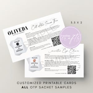Könnte beinhalten: Personalisierte Druckkarten mit dem Text "OLIVEDA" und Produktnamen. Die Karten sind weiß mit schwarzem Text und verfügen über QR-Codes. Das Bild enthält auch einen lila Kreis mit dem Text "kmellum crafts".