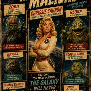 Può includere: Un poster cinematografico in stile vintage intitolato Who's Who in The Trouble with Maliens, che presenta un personaggio centrale biondo circondato da otto ritratti di alieni con testo descrittivo, immagini spaziali e lo slogan The Galaxy Will Never Be the Same.