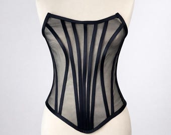 Schwarzes transparentes Korsett: Trägerloses Korsett mit Knochen, durchsichtiges Bustier, handgefertigte Unterwäsche