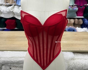 Rotes transparentes Korsett Top – Silvester Party Outfit, Valentinstag Geschenk Bustier