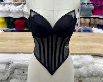 Schwarzes Korsett Top : Handgefertigtes Sheer Mesh Vollbrust Bustier