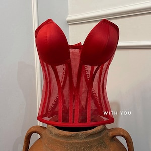 Prom Corset, Red Bustier Top, Sheer Corset Top, Bridal Lingerie, Transparent Corset, Tulle Corset, Base Corset, Corset Top for Dress