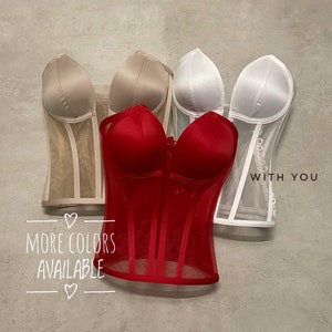 Sheer Mesh Bustier Corset Top – Strapless Party Corset, Transparent Corset Top, Bridal Corset, Available in Multiple Colors