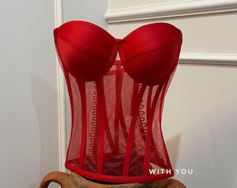 Rotes Burlesque Korsett, Trägerloses Bustier, Geschenk zum Valentinstag