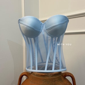 May include: A light blue strapless corset with a mesh panel and boning. The corset has a satin finish and is displayed on a terracotta pot.