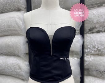 Satin Trägerloses Korsett Top : Tiefes V Abend Bustier, Hochzeit Party Wear