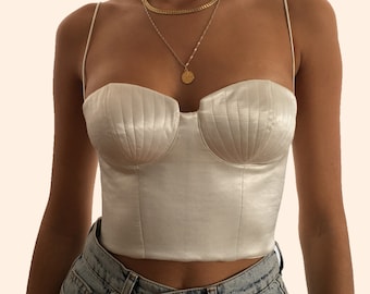 White Satin Bustier Top | Bustier Outfit | Wedding Bustier | Tops For Women | Off Shoulder Corset | White Evening Gown | Strapless Crop