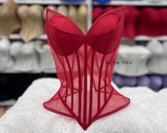 Rotes Sheer Mesh Korsett Top, Handgemachtes Rave Bustier