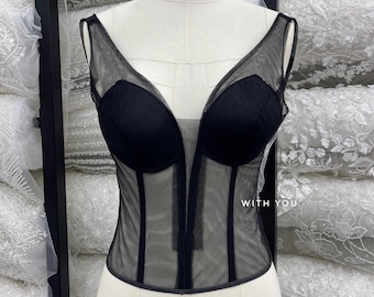 Schwarzer dicker Riemen, schieres Korsett-Oberteil: Bustier-Oberteil mit tiefem V-Ausschnitt, elegante Nacht