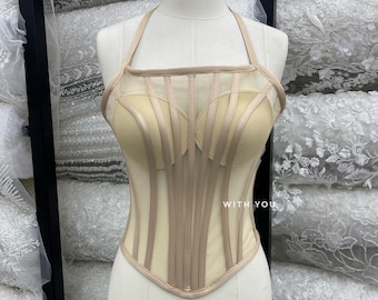 Nude Mesh-Korsett-Oberteil mit Bonning: Transparenter Bustier-Bodysuit, maßgeschneiderte Braut- & Party-Korsett