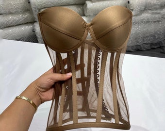 Bustier de malla transparente marrón / Top corsé de inspiración vintage