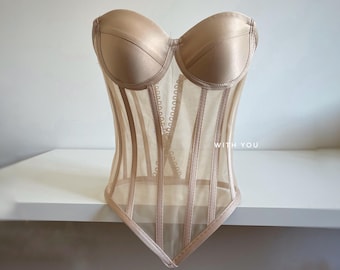 Nude Mesh Korsett Top : Sheer Boned Bustier, Elegantes Overbust Korsett
