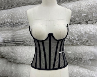 Schwarzes transparentes Cupless Korsett Top: Transparentes Korsett, Unterbrust Dessous, Netz Bustier
