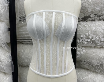 Weiß Trägerloses Spitzen Korsett Top: Schiere Bustier, Brautparty Outfit