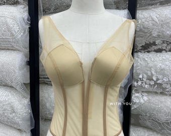 Beige Schiere Mesh Korsett Top: Nude Dicke Riemen Bustier Dessous, Braut Body