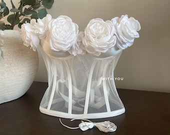 Weiß Floral Korsett Top, Sheer Mesh Bustier, Braut Dessous