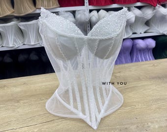 Handgemachte Perlen Braut Korsett: Weiß Sheer Crystal Bustier Top