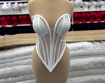 White Sheer Mesh Bridal Corset Top, Deep Plunge Bustier for Wedding Dress, Bridal Shower & Reception Outfit