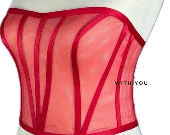 Rotes Sheer Mesh Korsett Top, Handgefertigtes Trägerloses Bustier