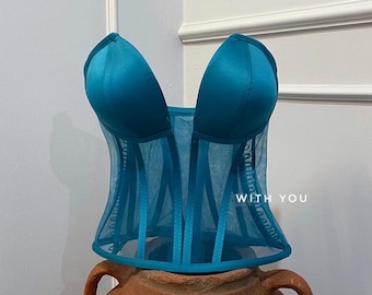 Teal Blue Sheer Mesh Korsett, Elegantes Ohne Knochen Bustier Top