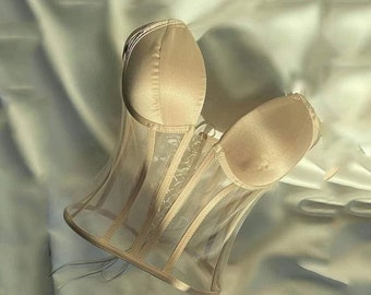 Bustier de novia de malla transparente / Lencería de corsé hecha a mano