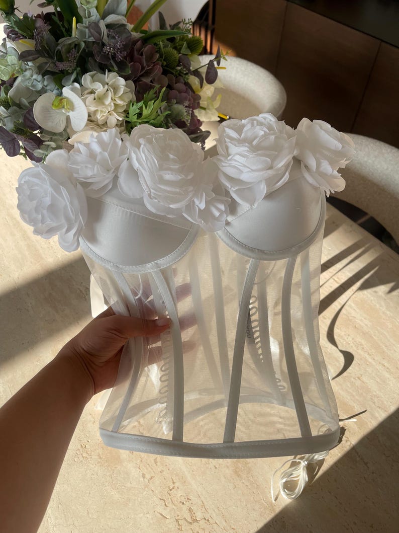 White Floral Corset Top, Sheer Mesh Bustier, Bridal Lingerie - Etsy