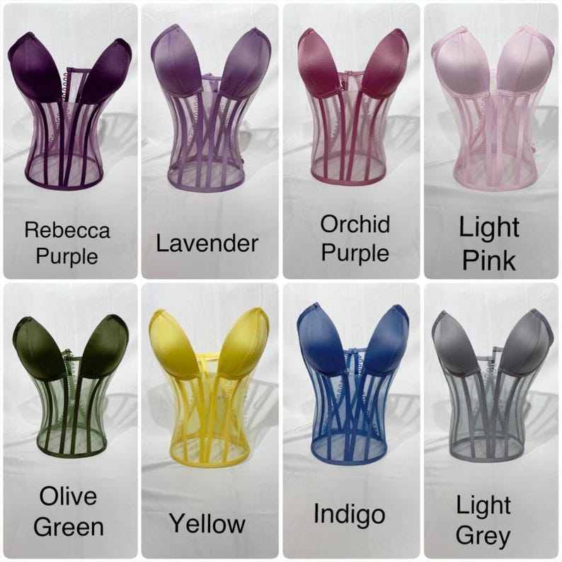 May include: Eight different colored mesh corsets. The colors are: Rebecca Purple, Lavender, Orchid Purple, Light Pink, Olive Green, Yellow, Indigo, and Light Grey.