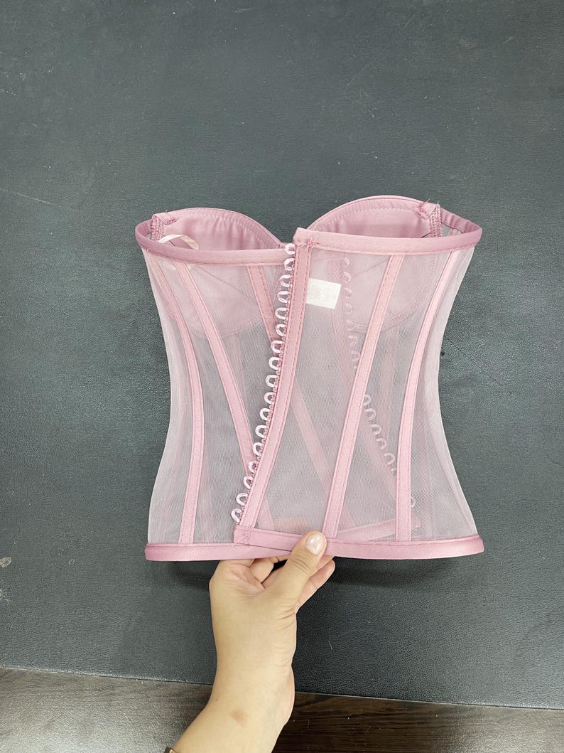 May include: A pink mesh corset with a satin trim and a row of metal eyelets down the center back.