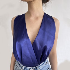 Kreuz Rücken Top Rückenfreies Crop Satin Top mit offenem Rücken Wayf Bluse zum Binden Bluse Schulterfrei Tops Criss Cross Wrap Crop zum Binden Navy Blue