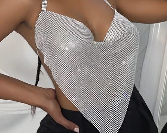 Rhinestone Sequin Tank Top: Open Back Party Blouse