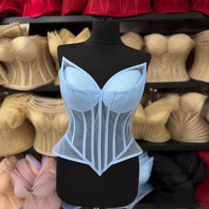 May include: A light blue corset top featuring molded cups and vertical boning channels. The garment is constructed from sheer mesh fabric with opaque structural panels, a sweetheart neckline, and a pointed hemline on a black mannequin torso.