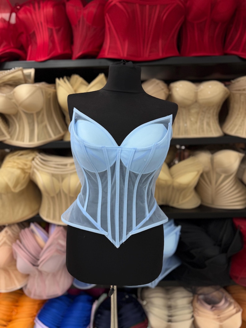 May include: A light blue corset top featuring molded cups and vertical boning channels. The garment is constructed from sheer mesh fabric with opaque structural panels, a sweetheart neckline, and a pointed hemline on a black mannequin torso.