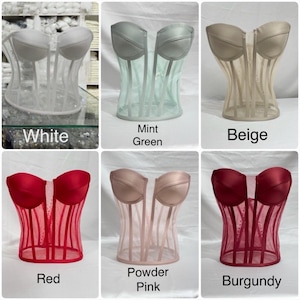 Pu&ograve; includere: Sei corsetti in mesh e raso di diversi colori. I colori sono bianco, verde menta, beige, rosso, rosa cipria e bordeaux.