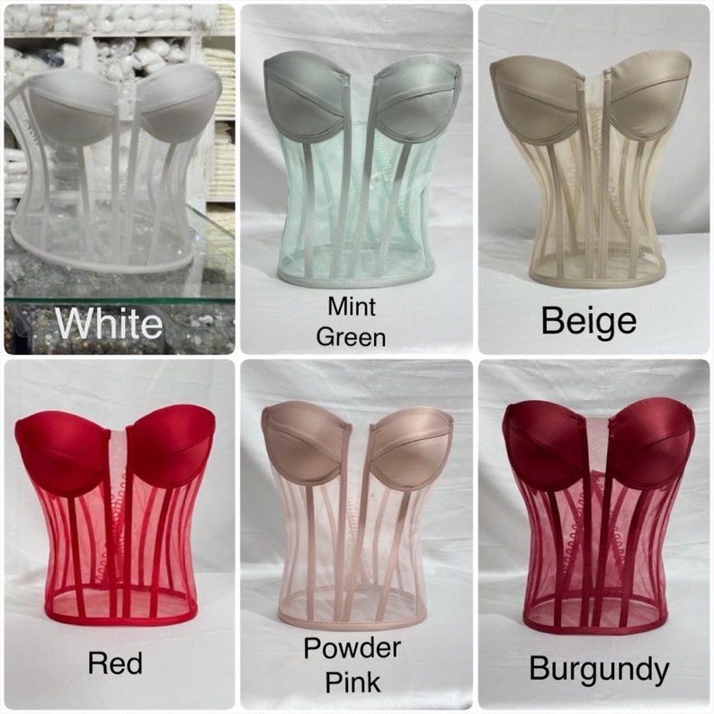 Pu&ograve; includere: Sei corsetti in mesh e raso di diversi colori. I colori sono bianco, verde menta, beige, rosso, rosa cipria e bordeaux.