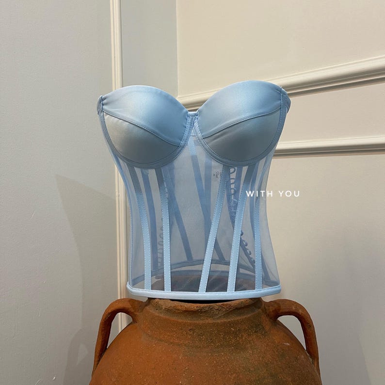 May include: A light blue mesh corset with a satin bodice and boning. The corset has a strapless design and is sitting on a brown clay pot. The text "WITH YOU" is visible on the corset.