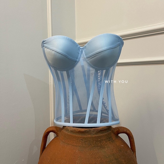 Baby Blue Sheer Corset Top: Transparent Mesh Bustier, Bridesmaid Outfit, Bachelorette Party Look