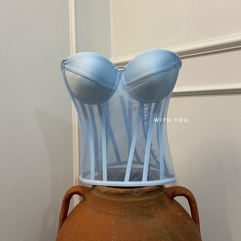 May include: A light blue strapless corset with a mesh panel and boning. The corset has a satin finish and is displayed on a terracotta pot.